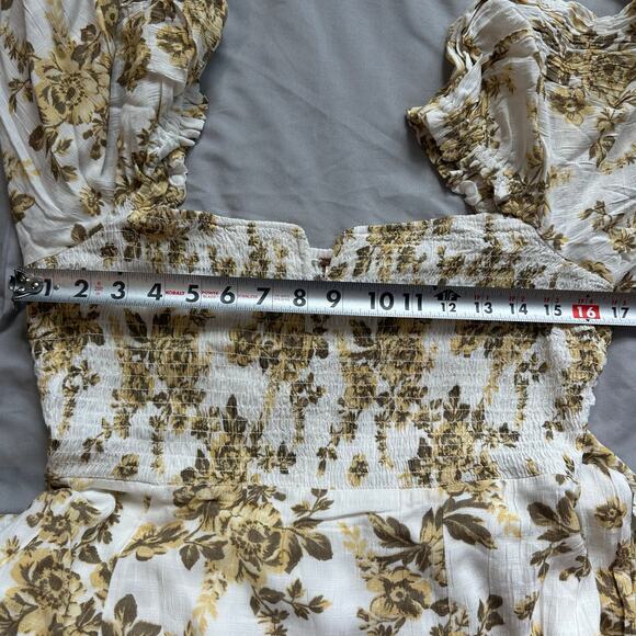 Free People Jaymes Cream Floral Printed Smocked V Neck Long Sleeve Midi Dress- M - Picture 11 of 12